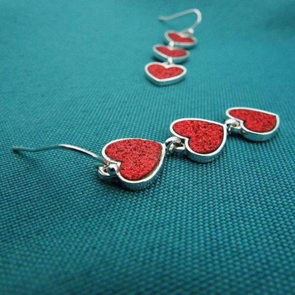 Heart Earrings Dangle Drop Dangling Ladies Girls Red Valentines Jewelry Gift - Picture 6 of 8